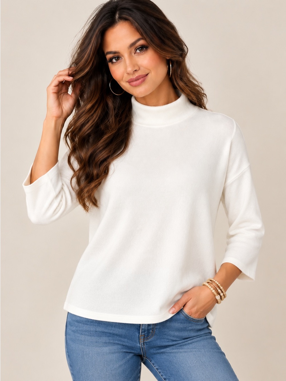 FATE Ivory Cowl Neck Sweater Tunic 3/4 Sleeve Soft Knit NWT Large